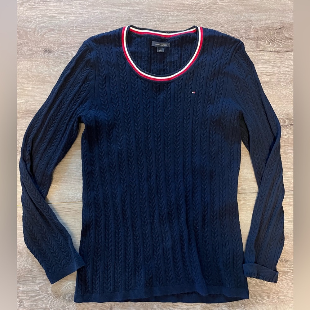 Tommy Hilfiger Dark Blue Sweater with Red and White Accents
